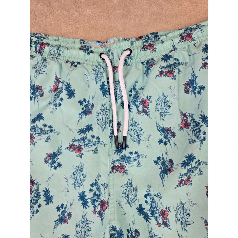 Ocean Coast Big & Tall‎ Mens 2XLT Swim Trunks Tropical Palm Hibiscus Aqua Blue